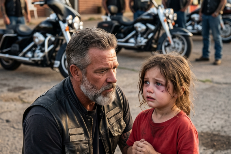 “Who Hurt You?” the Hells Angel asked when he saw the frightened girl hiding behind the gas station, trembling as she whispered, “It’s my dad” — and in that instant, the hardened biker’s face changed. He didn’t shout, he didn’t scare her, and he didn’t walk away like everyone else had. Instead, he knelt beside her, made one quiet phone call, and within minutes the roar of motorcycles filled the street as an entire club arrived to protect a child who thought nobody in the world would ever believe her.
