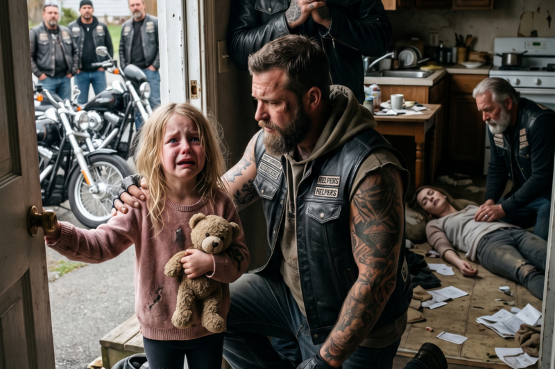 “Please Follow Me Home,” a trembling little girl whispered to a row of leather-clad bikers outside a roadside diner — they thought she was simply lost, until she refused to let go of the club leader’s hand and pointed toward a silent house at the end of a dirt road, where a broken porch light, an untouched dinner table, and a locked bedroom door revealed the heartbreaking secret she had been carrying alone for days — and what those bikers did next made the entire town stop, stare, and cry.