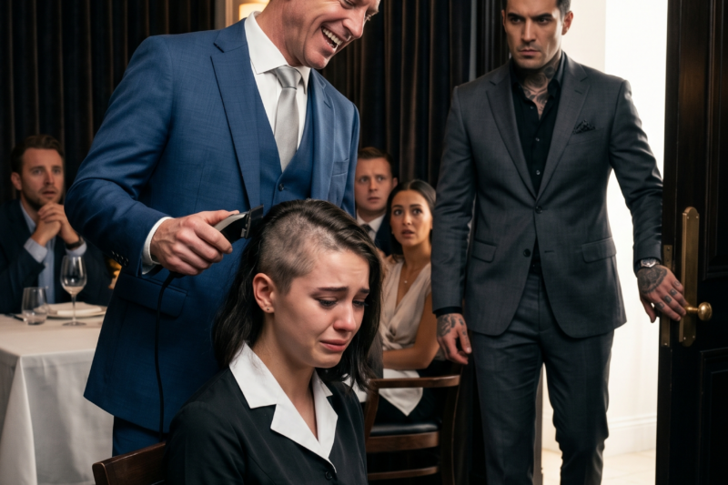 “They Shaved a Waitress’s Head for Fun,” laughing as she stood frozen in the back of the luxury restaurant — but their cruel game ended the moment the front doors opened and her quiet, feared husband walked in, the man every powerful family in the city knew as a mafia boss who never raised his voice twice; within seconds, the laughter died, the cameras stopped rolling, and the people who thought they could humiliate her for entertainment realized they had just made the most dangerous mistake of their lives.