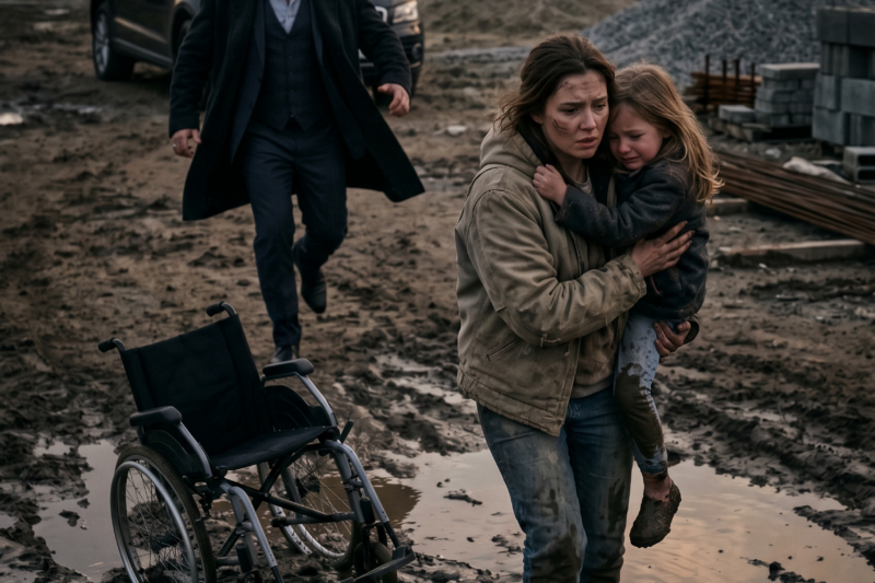 “Mafia Boss’s Disabled Daughter Was Stuck in the Mud,” crying beside her overturned wheelchair as luxury cars passed without stopping — until a poor woman carrying groceries dropped everything, stepped into the freezing rain, and did the one thing no one else dared to do; she pulled the girl out with her bare hands, wrapped her in her only coat, and refused to leave her alone, not knowing the child’s father was the most feared mafia boss in the city — and when he arrived, what he did for that poor woman left everyone speechless.