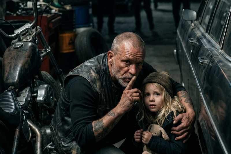 “Stay Quiet… They’re Armed,” the Hells Angel Whispered to the Terrified Little Girl Hiding Beside Him — Seconds Later, the Room Fell Silent, the Bikers Outside Realized Something Was Horribly Wrong, and What Began as a Simple Act of Protection Turned Into a Heart-Stopping Rescue That Exposed a Secret No One in Town Was Ready to Face.