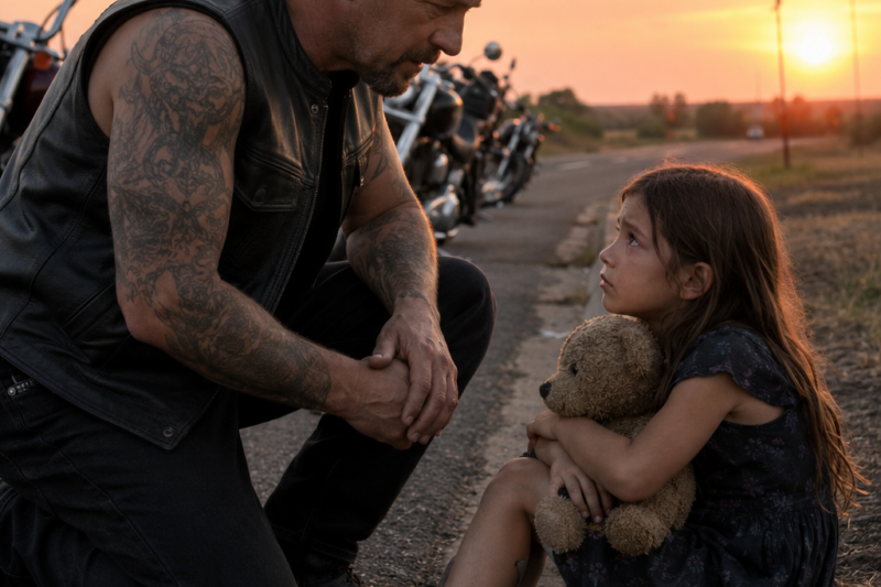“I Need a Family and You Need a Home,” the Hell’s Angel Said to the Shivering Girl Outside the Bus Station — But When He Wrapped His Old Leather Jacket Around Her Shoulders, No One Knew This Frightened Child Was Carrying a Secret That Would Expose a Heartless Family, Reopen a Tragedy the Town Tried to Forget, and Force a Feared Biker Crew to Make a Choice That Turned Them From Outlaws in Everyone’s Eyes Into the Only Protectors Brave Enough to Stand Between Her and the People Who Wanted Her Gone