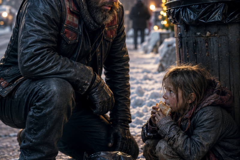 A Hell’s Angel Biker Saw a Little Girl Searching Through Trash on Christmas Eve, Her Tiny Hands Shaking in the Freezing Cold — But When He Pulled Over to Help, the Truth She Whispered Broke His Heart, Exposed a Family’s Cruel Secret, and Turned One Lonely Holiday Night Into a Life-Changing Moment That No One in Town Would Ever Forget, Because the Man Everyone Feared Became the Only Person Brave Enough to Protect Her, Bring Her Home, and Prove That Sometimes the Roughest Stranger Can Carry the Kindest Heart