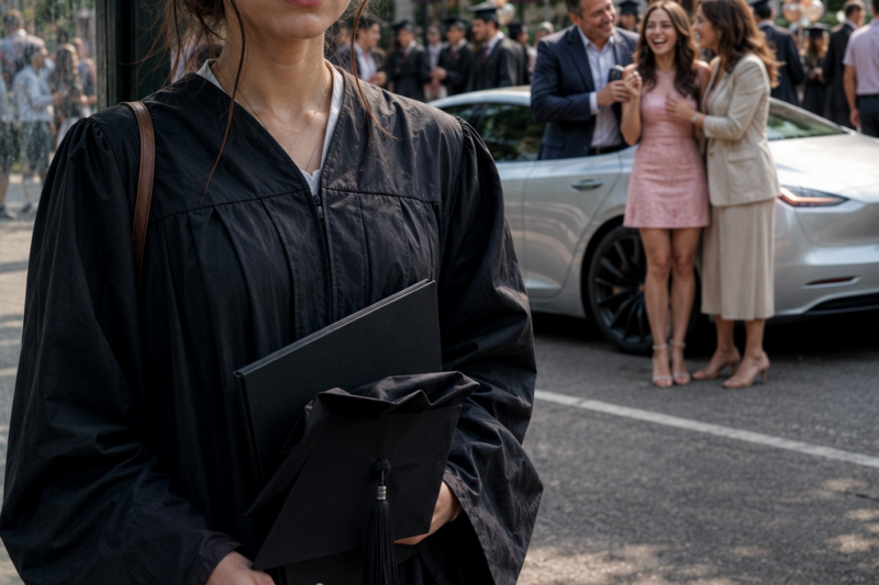 When I thought graduation day would be a celebration of years of hard work, my parents handed me a bus ticket with a smile, insisting I ride alone to the ceremony while casually telling me they had just purchased a brand-new Tesla for my sister, as if it were the most normal thing in the world. Surrounded by peers being picked up in luxury cars, I walked into the auditorium feeling invisible, overshadowed, and deeply humiliated, realizing in that moment that their love and attention came with a price—and that no diploma could fill the emptiness of being treated like the family afterthought.