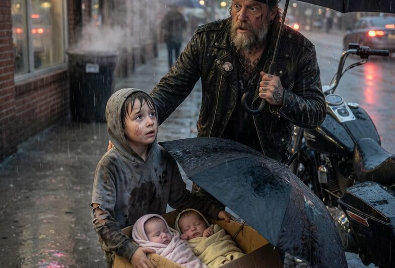 When a trembling little boy ran into the diner, clutching a torn backpack and whispering, “Could you save my twin little sisters?” every customer went silent—except for the massive Hells Angel biker sitting in the corner. Without saying a word, he stood up, gathered his brothers, and followed the child into the freezing night, expecting trouble but discovering something far more heartbreaking. Minutes later, the tough riders returned carrying two frightened little girls wrapped in leather jackets, proving that behind their intimidating faces were hearts big enough to protect children nobody else had noticed.