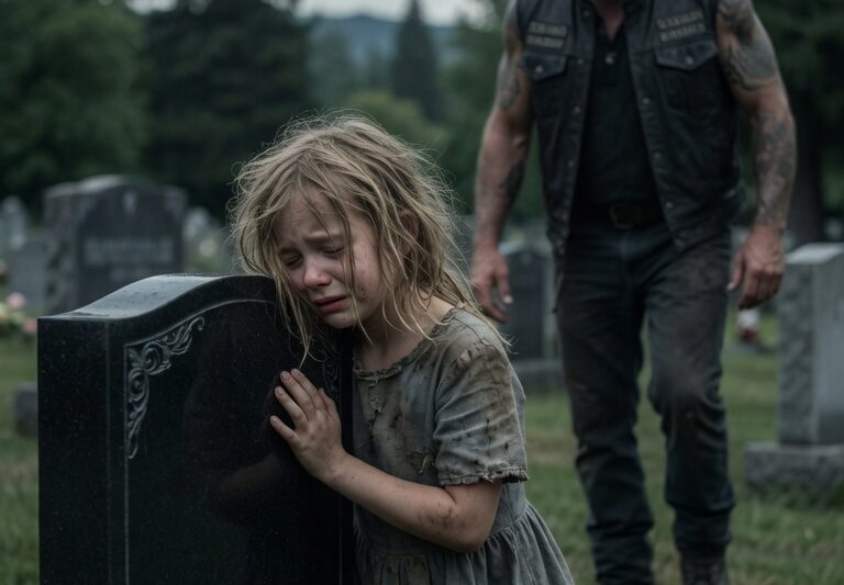 A Hardened Hells Angel Went to Visit His Late Son’s Grave—But Froze When He Found a Poor Young Girl Crying Beside the Headstone, Clutching a Secret She Had Hidden for Years. At First He Thought She Was Lost, Until Her Trembling Voice Revealed a Truth so heartbreaking and unbelievable that it left him speechless. What she said about his son, their past, and the promise that had never been kept sent shockwaves through everyone who heard it. In one emotional moment, the feared biker’s world turned upside down—and the mystery at his son’s grave changed both of their lives forever.