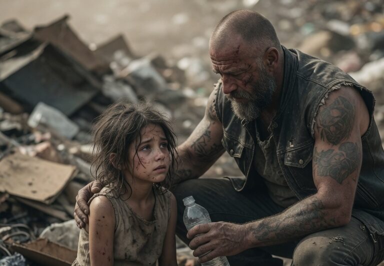 An Injured Little Girl Was Found Abandoned in a Cold, Filthy Landfill With No One Around to Help Her—But Everything Changed When a Fearsome Hells Angel Stopped, Heard Her Weak Cry, and Refused to Walk Away. What he did next stunned everyone who had ever judged him by his leather vest and rough appearance. As he lifted the frightened child into his arms and fought to save her life, a heartbreaking chain of events began to unfold—revealing cruelty, courage, and a bond no one expected. By the time the truth came out, even the toughest hearts were left in tears.
