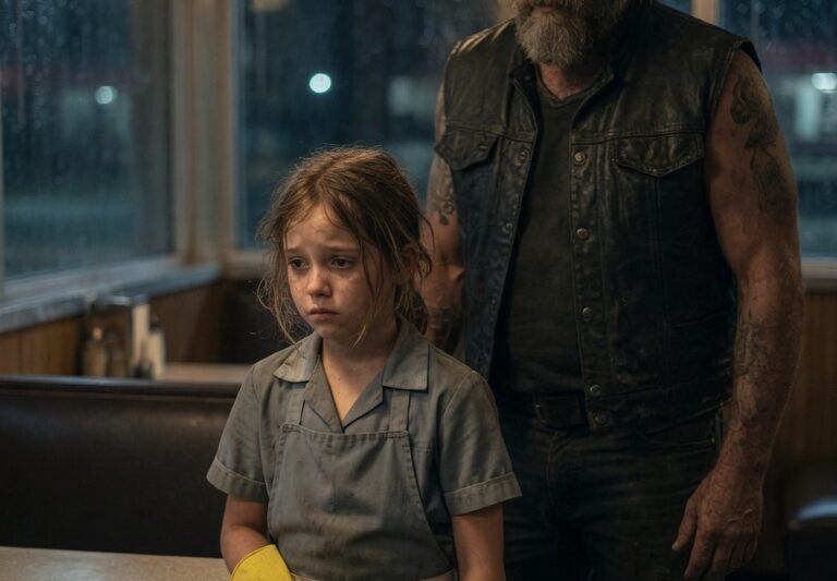 A Quiet Little Girl Worked Night Shifts Without Complaining, Cleaning Tables and Hiding Her Exhaustion While Everyone Around Her Looked Away—Until a Tough Hells Angel Walked In and Noticed the Bruises, the Fear in Her Eyes, and the Secret She Was Too Scared to Tell. At First, Everyone Thought He Was Just Another Dangerous Biker, but he saw what no one else cared enough to see. When he followed the clues behind her silence, the heartbreaking truth exposed a cruel betrayal—and what he did next turned the entire town upside down.