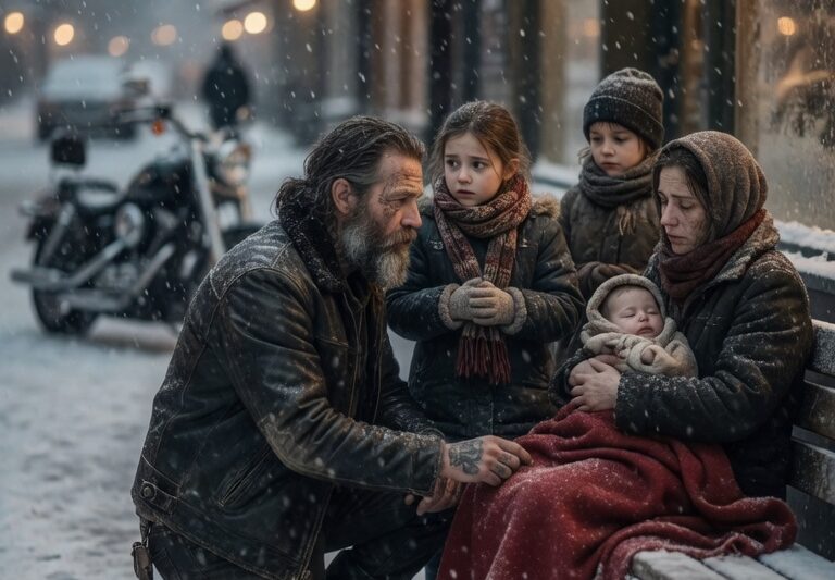 “Daddy, Her Baby Is Freezing!” the Little Girl Cried When She Saw a Homeless Mother Shivering Outside a Gas Station — So a Feared Hells Angel Pulled Over, Wrapped the Baby in His Leather Jacket, and Did the One Thing No One Expected… But When He Saw the Mother’s Old Hospital Bracelet, He Realized She Wasn’t Just a Stranger in Need; She Was Connected to the Night That Had Haunted Him for Years, and Before Sunrise, the Biker Everyone Feared Became the Only Reason Three Broken Lives Finally Found Their Way Home