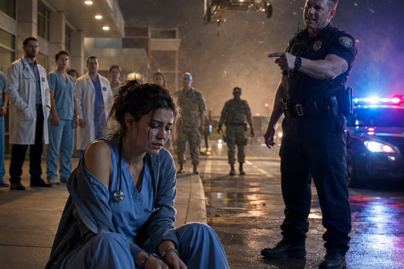 After a Cop Handcuffed an Exhausted Nurse for “Disrespect” Outside a Lonely Highway Diner, Everyone Thought She Was Just Another Overworked Woman With No Power, No Backup, and No Chance to Fight Back — But Eight Minutes Later, a Pentagon Helicopter Thundered Into the Parking Lot, Federal Units Locked Down Every Exit, and the Officer’s Confidence Vanished When a Senior Commander Stepped Inside, Saluted the Nurse as “Ma’am,” and Revealed the Classified Reason Washington Had Been Searching for Her All Night.