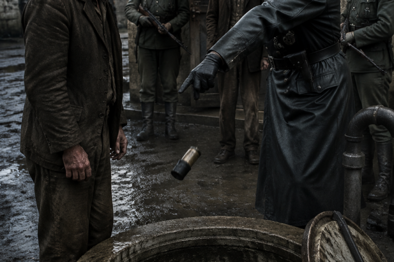 When the German Officer Barked “Search It!” and Threw the Mysterious Object Into the Septic Tank, Everyone Thought the Prisoner’s Last Hope Had Been Buried in Filth — But Minutes Later, the Smell, the Silence, and One Tiny Hidden Mark Changed Everything, Exposing the Secret He Was Desperate to Destroy and Forcing the Entire Camp to Realize That the Object Wasn’t Trash at All… It Was the Proof That Could Bring Them All Down.
