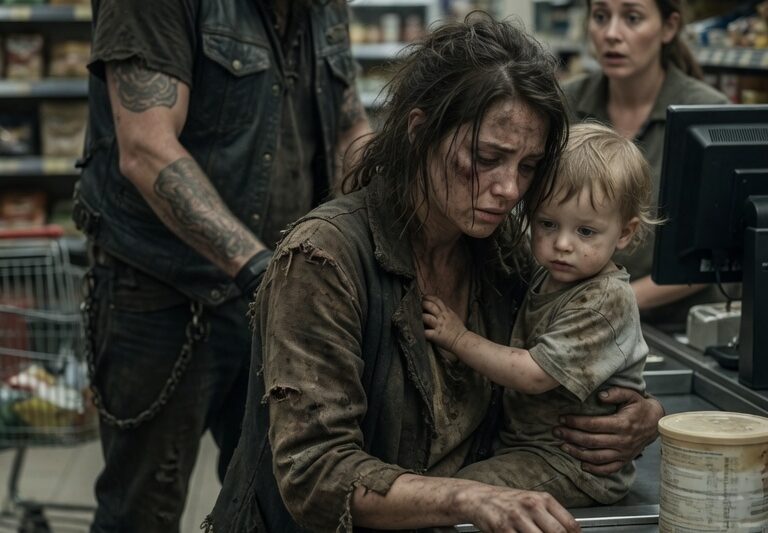 Poor Mom Counted Her Last Coins for Baby Formula — Then a Hells Angel Appeared, Watched the Cashier Humiliate Her Over a Few Missing Dollars, and Noticed the Hungry Baby Wrapped in a Thin Blanket; But When He Quietly Paid the Bill, Followed Her Into the Freezing Night, and Learned Why She Had Nowhere Left to Go, His Simple Act of Kindness Uncovered a Heartbreaking Secret That Would Bring an Entire Brotherhood to Her Side