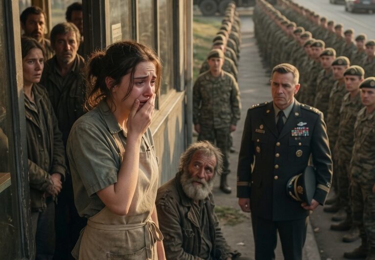 She Gave a Meal to a Homeless Man in a Quiet Act of Kindness That Seemed Small at the Time, but the Very Next Day, 200 Soldiers Appeared and Lined Up Outside Her Door in Perfect Formation, Leaving the Entire Neighborhood Frozen in Shock and Confusion as the Truth Behind the Homeless Man’s Identity Was Revealed, Turning What Looked Like an Ordinary Gesture of Compassion Into a Life-Changing Moment of Honor, Gratitude, and Military Respect That No One Expected, As Word Spread Rapidly About Her Selfless Action and the Hidden Chain of Events It Triggered, Proving That Even the Smallest Act of Humanity Can Echo Far Beyond What Anyone Could Ever Imagine