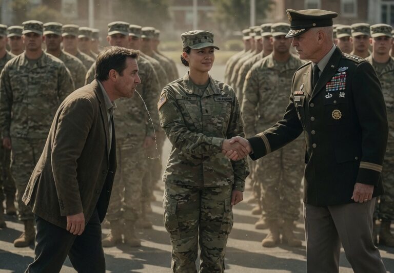 “GRUNT.” MY FATHER SPAT IN FRONT OF MY ENTIRE UNIT, MOCKING MY RANK, MY PAY, AND EVERYTHING I HAD SACRIFICED MY LIFE FOR—WHILE I STOOD SILENTLY, REFUSING TO REACT; BUT THE MOMENT HE FINISHED HIS HUMILIATION, THE ATMOSPHERE SHIFTED COMPLETELY AS A FOUR-STAR GENERAL SLOWLY WALKED THROUGH THE CROWD, STOPPED RIGHT BESIDE ME, AND SHOOK MY HAND WITHOUT SAYING A WORD, INSTANTLY SILENCING EVERY LAUGH AND EVERY WHISPER IN THE ROOM; AND IN THAT FREEZING MOMENT, WITH MY FATHER STILL STANDING THERE IN DISBELIEF, IT BECAME CLEAR THAT THEY HAD NO IDEA WHO I REALLY WAS, WHAT OPERATIONS I HAD BEEN PART OF, OR WHY MY NAME ALONE CARRIED MORE WEIGHT THAN ANY RANK THEY COULD SEE ON MY UNIFORM