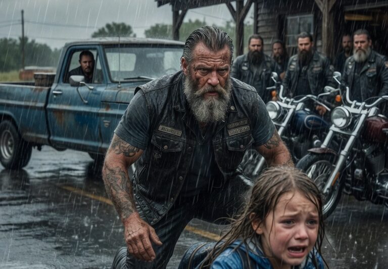 “He’s Following Me,” Little Girl Screamed Through the Heavy Rain as She Stumbled Into a Dark Highway Underpass and Collapsed in Front of a Lone Biker—What Happened Next Shocked Everyone Who Witnessed It, as the Man Known to Ride With the Hells Angels Quietly Stopped His Engine, Took Off His Wet Jacket, and Shielded the Terrified Child From the Storm Without Asking a Single Question. Moments Later, He Walked Back Into the Rain Alone, Confronting the Situation Head-On in a Way No One Expected, Turning a Silent Night Into a Chain of Events That Would Reveal Hidden Dangers, Unseen Threats, and a Community Forced to Face What Had Been Ignored for Too Long—All Starting With a Child’s Cry and a Stranger Who Refused to Look Away.