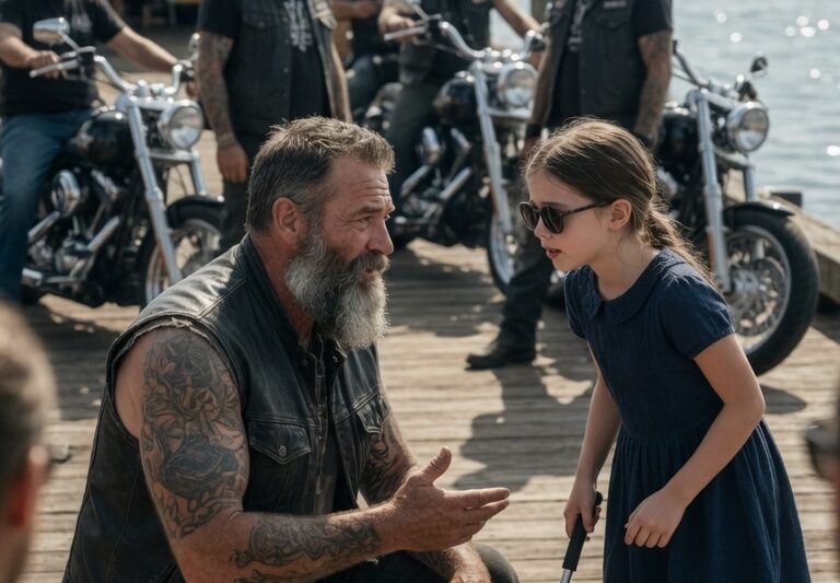 ‘Sorry, I Can’t See,’ a Blind Little Girl Whispered as She Accidentally Bumped Into a Stranger Standing Beside His Motorcycle in the Street—Freezing in Fear, Expecting Anger or Rejection, Until the Man Simply Stepped Back, Lowered His Voice, and Asked if she was okay without moving an inch closer. What happened next became a quiet moment of unexpected humanity as members of the Hells Angels nearby noticed the situation and immediately shifted their attention away from themselves and toward the child’s safety, clearing space around her, guiding her gently away from traffic, and making sure she was not alone in the noise and confusion of the street. In that brief encounter, no one raised their voice, no one showed aggression—only calm presence, careful distance, and an unspoken decision to prioritize a vulnerable child’s safety above everything else, leaving bystanders deeply moved by what they had just witnessed.