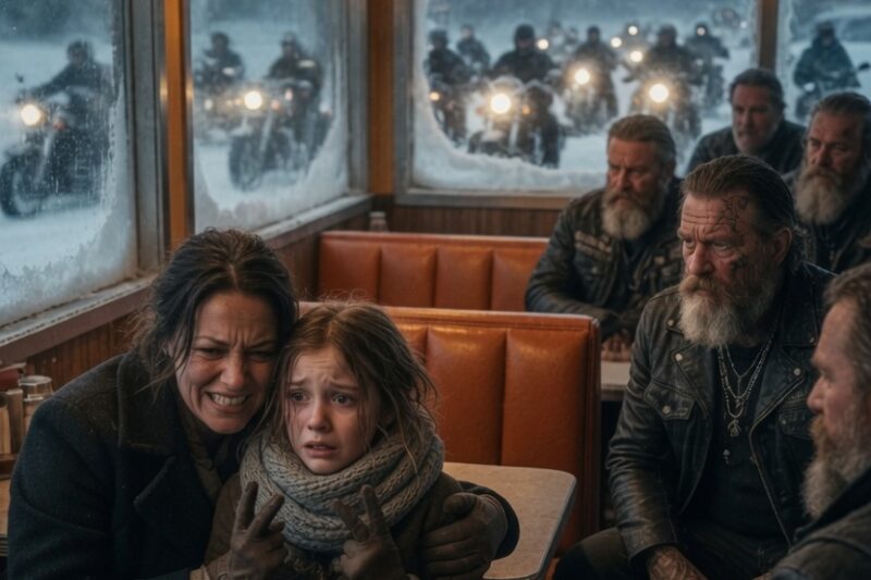 A Frightened Little Girl Stood in the Middle of a Blinding Snowstorm, Trembling as She Signed the Words, “She’s Not My Mom,” and What Happened Next Left an Entire Town Speechless — Nearly 300 Hells Angels, Who Had Gathered Nearby, Instantly Realized Something Was Terribly Wrong and refused to ride away — As the wind howled and snow covered the road, the bikers formed a human shield around the child, uncovered a chilling secret, and launched a desperate search for the truth — By sunrise, the people who mocked them were stunned, and the little girl’s message had sparked a rescue nobody would ever forget.
