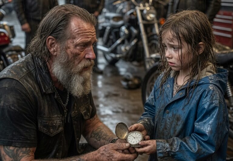 A Little Girl Found a Biker’s Priceless Old Watch Half-Buried in the Snow and Returned It Without Asking for a Reward — But She Had No Idea It Belonged to the Most Respected Hells Angel in the State, a Man Who Had Carried That Watch Through War, Loss, and Forty Years of Brotherhood — When the bikers learned she had walked miles in freezing weather just to give it back, nearly every engine in town roared to life — By nightfall, the same people who ignored her family were watching in shock as the Hells Angels repaid her honesty in a way nobody expected.