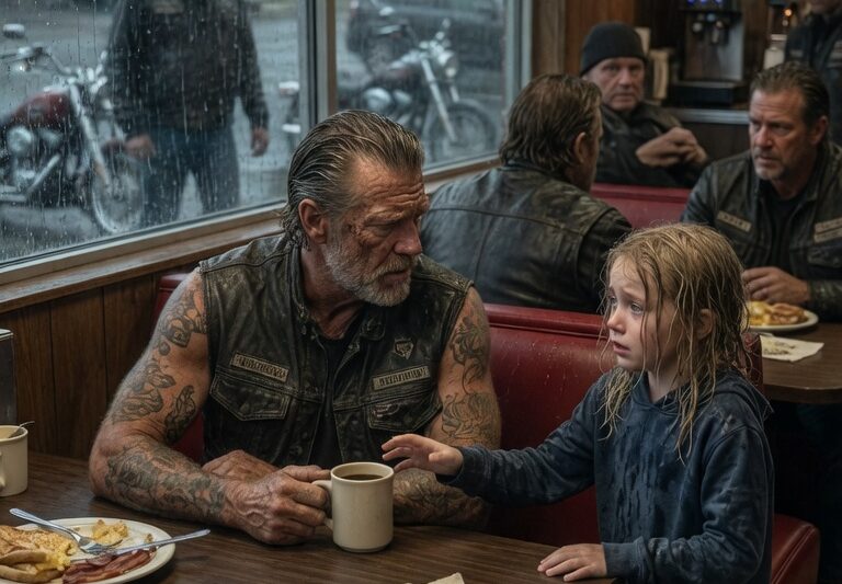 “Please Protect Me,” a Terrified Little Girl Whispered to a Lone Biker Inside a Quiet Roadside Diner, Clutching His Jacket Like He Was Her Last Hope — But No One There Realized That One Sentence Would Bring an Entire Hells Angels Chapter Roaring Through the Snowy Streets Within Minutes — As the waitress froze, the strangers at the counter fell silent, and the biker’s face turned deadly serious, the truth behind the child’s fear began to unfold — By midnight, the whole town was watching in disbelief as the men everyone feared became the only people brave enough to stand between her and danger.