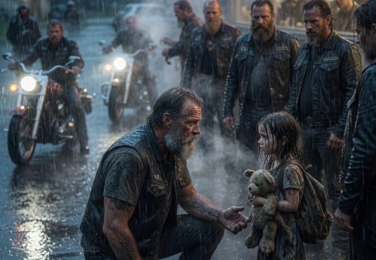 A little girl, terrified and desperate, turned to a group of bikers and asked if they could “make bad people go away,” not knowing what to expect from these strangers. What happened next completely changed her life and everyone around her. One biker gave an answer that no one anticipated—calm, firm, and full of resolve—which instantly shifted the situation, bringing hope where there had only been fear. That single moment set off a chain of events that confronted wrongdoing, restored a sense of justice, and proved that sometimes, the most unlikely heroes can make the biggest difference.