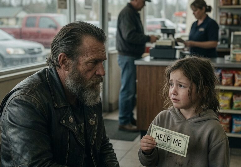 Little Girl Wrote “Help Me” on a Crumpled Dollar Bill at a Quiet Gas Station on the Edge of Town — What Looked Like a Child’s Strange Scribble Quickly Turned Into a Silent Cry for Rescue When a Weathered Biker Noticed the Message While Paying for Gas, and Instead of Walking Away Like Everyone Else, He Stood Still for a Moment, Read It Twice, Looked Toward the Girl Who Tried to Hide Her Fear Behind the Candy Aisle, Realized Something Was Terribly Wrong, and Then Made a Choice That Would Change Everything About What That Gas Station Saw That Night, Because He Didn’t Leave, Didn’t Ignore It, and What He Did Next Left Everyone Completely Stunned