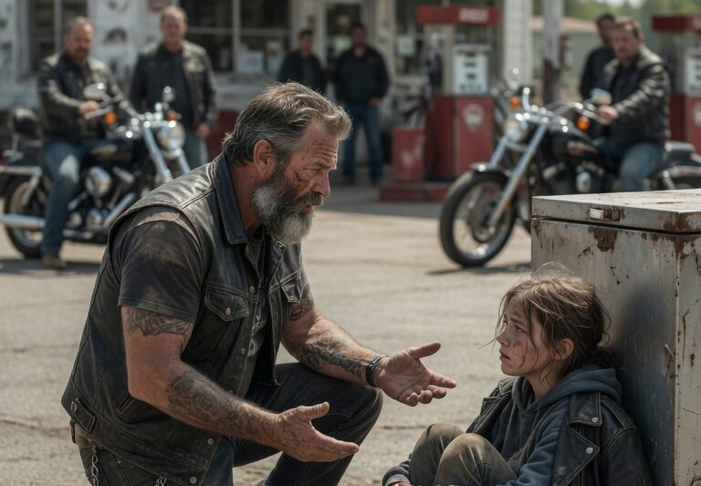 “Who Did This to You?” a Weathered Biker Asked in a Low Voice After Noticing a Terrified Little Girl Standing Alone Outside a Small Town Store, Her Hands Shaking and Her Eyes Avoiding Everyone Around Her — When She Finally Whispered, “It’s my dad, sir,” the Biker Froze for a Second, Glanced Around as If Replaying Everything He Had Just Seen, and What He Chose to Do Next Didn’t Involve Walking Away, Calling the Police Immediately, or Staying Quiet Like Everyone Expected, Because Instead He Took a Step Closer, Lowered His Voice, Made One Simple Phone Call, and Triggered a Chain of Events That Would Expose a Hidden Truth No One in That Town Was Ready to Face, Leaving Everyone Completely Shocked.