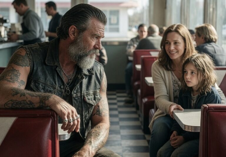 “She’s Taking Me to Find Mom,” a Small Orphan Girl Quietly Told a Weathered Biker Inside a Nearly Empty Diner on the Outskirts of Town, Her Voice Barely Rising Above the Sound of Clinking Cups and Fading Jukebox Music — The Man Paused Mid-Meal, Slowly Setting Down His Fork as He Realized Something in Her Words Didn’t Match the Calm Way She Was Being Watched From Across the Room, and Instead of Dismissing It as a Child’s Imagination or Walking Away Like Everyone Else Seemed Ready to Do, He Leaned In, Asked One More Careful Question, and What He Discovered Next Pulled Him Into a Situation Far Bigger, Far Darker, and Far More Urgent Than Anyone in That Diner Could Have Expected, Setting Off a Chain of Decisions That Would Leave the Entire Room Stunned and Completely Speechless.