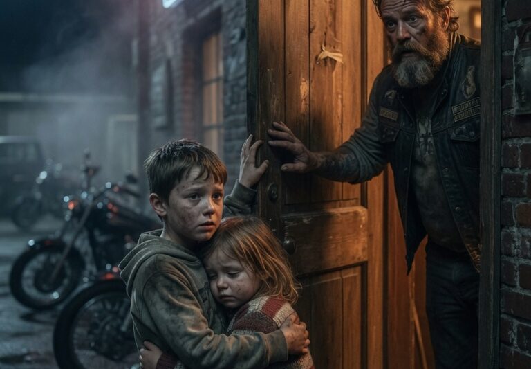 A Small Boy Knocks on the Heavy Steel Door of a Hells Angels Clubhouse at Midnight, Standing Alone Under Flickering Streetlights With His Voice Barely Above a Whisper as He Says, “Can You Hide My Sister for One Night?” — What Makes the Room Go Silent Isn’t Just His Age, but the Fear in His Eyes and the Way He Keeps Looking Over His Shoulder as If Someone Is Still Following Him, and Inside the Club, the Members Exchange Glances, Realizing This Isn’t a Joke or a Wrong Address, But a Desperate Plea That Could Involve Danger Waiting Outside, Leading to a Decision That No One Expected to Happen That Night and a Chain of Events That Would Change Everything for Both Children Involved.