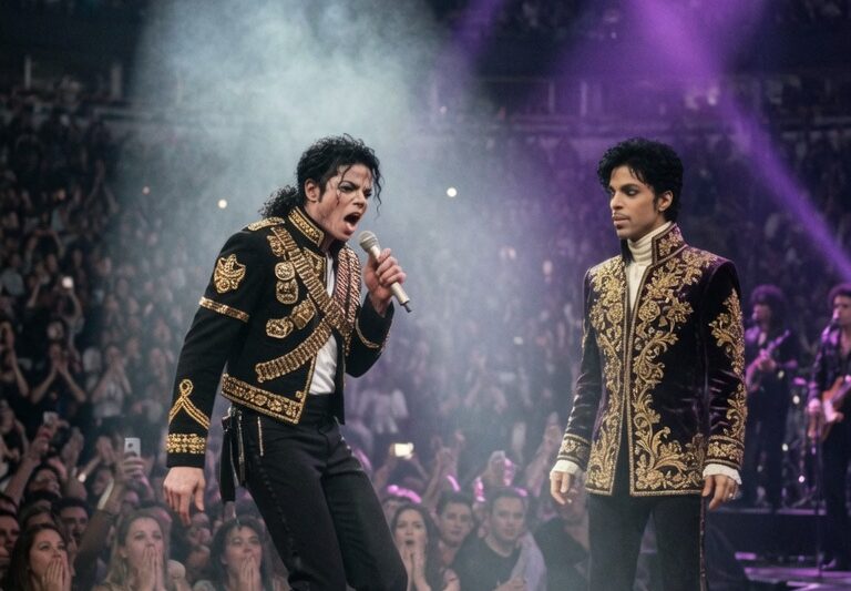 Michael Jackson Suddenly Stopped His Concert at Chicago’s United Center When Prince Appeared Unannounced, Leaving Thousands of Fans Frozen in Confusion as the Music Cut Out and the Stage Lights Shifted — But What Looked Like a Rival’s Surprise Entrance Quickly Became One of the Most Tense, Mysterious, and Unforgettable Moments in Pop History, Because Michael Didn’t Walk Away, Didn’t Ignore Him, and Didn’t Let the Show Continue Until He Faced the Purple Legend in Front of Everyone, Turning One Unexpected Night in Chicago Into a Shocking Moment the Crowd Would Never Forget.