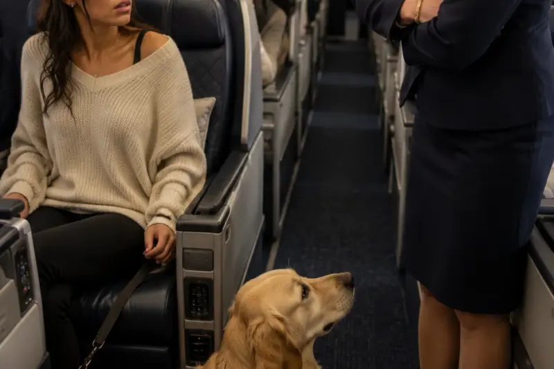 She Threw My Service Dog’s Water Bowl Across First Class — Then the Captain Said Six Words That Silenced the Plane