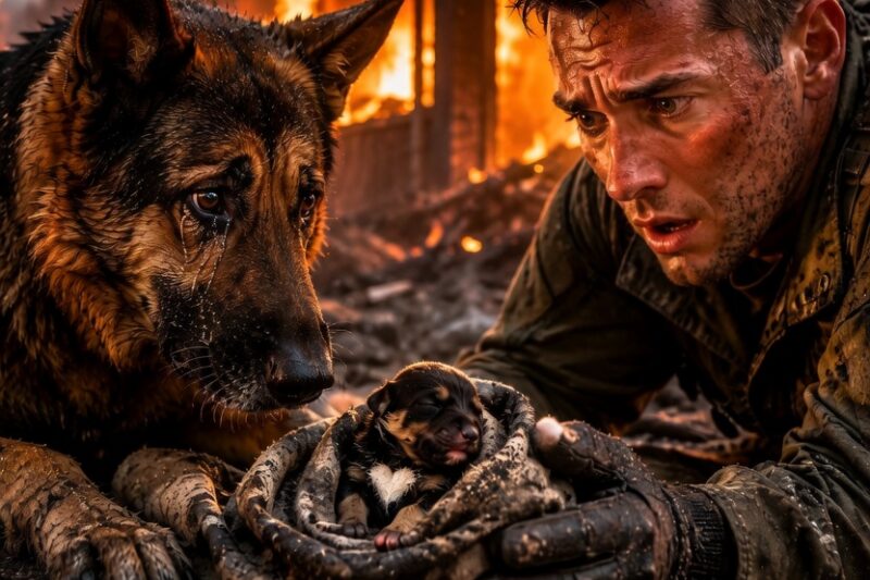 U.S. Marine Saves a Pregnant German Shepherd From Fire — Her Last Pup Carries a Miracle