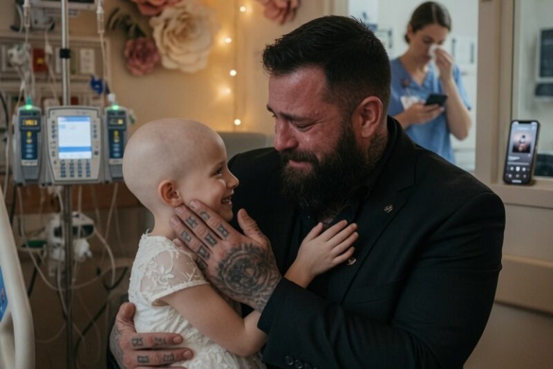 A 280-Pound Biker’s Last Dance With His Bald 7-Year-Old Daughter, and the Heartbreaking Song That Foretold Her Future. I was the nurse standing outside the door with my phone raised and tears already blurring the screen. His name was Daniel “Bear” Mercer, a forty-three-year-old white American biker from Tennessee who stood six-foot-four and looked intimidating even while dressed for a wedding. His long brown beard was streaked with gray, faded tattoos covered both arms, and the words HOLD ON crossed the scarred knuckles supporting his daughter’s fragile back. Daniel’s tuxedo jacket did not fit properly over his black leather cut. The shoulders were too tight, the sleeves stopped above his wrists, and the bow tie leaned slightly to one side because Sophie had insisted on straightening it herself. He refused to remove the vest. A small purple ribbon was stitched above his heart. Beneath it was her name. SOPHIE. His seven-year-old daughter had been fighting an aggressive childhood cancer for fourteen months. Chemotherapy had taken her honey-brown hair, weakened her legs, and left her too exhausted to stand without help, but it had never taken the way her whole face changed whenever her father entered the room. She called him Big Bear. He called her Birdie. That afternoon, Sophie’s oncologist had told Daniel there was nothing left that could stop the disease. More treatment might give her a few extra days, but those days would be filled with needles, nausea, and pain. She likely had only weeks. Perhaps less. Daniel listened without moving. Then he stepped into the stairwell and made one phone call to the president of his motorcycle club. “I need a tux,” he said. His brother asked when. “Tonight.” Within two hours, the Cumberland Saints had found the jacket, a white shirt, a bow tie, flowers, battery-powered lights, and four songs Sophie loved. One of our nurses drove home and returned with her daughter’s white father-daughter dance dress. The sleeves were too long. The waist was too loose. We repaired it with a satin ribbon and several hurried stitches. Sophie looked down at herself and smiled. “Is this a wedding?” Daniel knelt beside her bed. “It can be.” “Who am I marrying?” “Nobody tonight.” “Then why do I have a dress?” Daniel offered her his hand. “Because I promised you a dance.” We dimmed the hospital lights. Paper flowers stood inside a plastic water pitcher, and tiny lights glowed along the curtain rail. The infusion pump continued clicking beside the bed. It was not a ballroom. It was still beautiful. Daniel lifted Sophie carefully, avoiding the tubes beneath her dress, and placed both of her sock-covered feet on top of his polished black shoes. She could not carry her own weight, so he held nearly all of it against his chest. Then he began to move. One slow step. Then another. Sophie rested her cheek against the leather vest beneath his tuxedo. His enormous hand covered most of her back, and his other hand enclosed her thin fingers as though they might break beneath anything stronger than love. She smiled through the first song. She joked through the second. During the third, her knees weakened, but Daniel lifted her slightly so her feet never left his shoes. Then the fourth song began. “I Loved Her First.” Every nurse at the door understood immediately. It was the song Daniel had promised to dance to at Sophie’s wedding someday. The song they had chosen together when she was four years old. The song she called theirs whenever it played in his truck. Sophie would never reach her wedding day. So her father had brought that day to her. Daniel lowered his cheek against her bare head and continued dancing while tears disappeared into his beard. Sophie closed her eyes, safe inside his arms, while the hospital machines kept time around them. When the final note faded, she lifted her face. “Daddy?” “Yeah, Birdie?” “Our wedding was pretty.” Daniel stopped breathing for a moment. Then he kissed her forehead. “The prettiest wedding I’ve ever seen.” “Were you proud?” His voice broke. “Proudest man there.” Sophie died eleven days later. But what she whispered before Daniel returned her to bed—and what he did with that same white dress at her funeral—left an entire church crying in silence. Want to know how Daniel kept his wedding promise one final time? Like this post, drop DANCE in the comments, and I’ll share the rest.